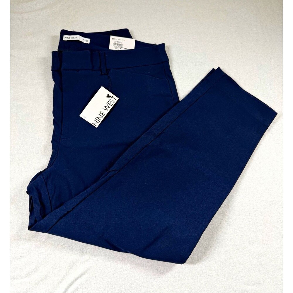 Nine West Womens Pants 14P Navy Twill High Rise Slim Ankle Stretch Zip Flat 443